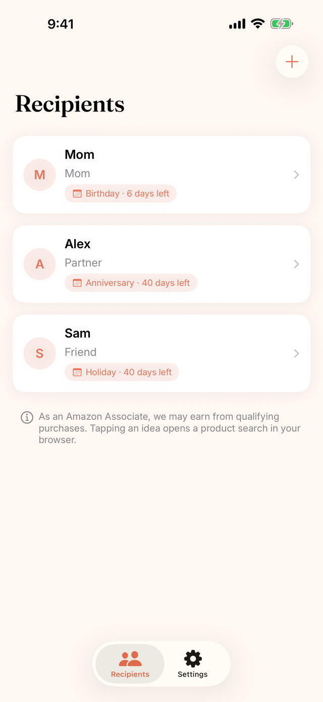 SimplePresent recipients list with upcoming gift occasions