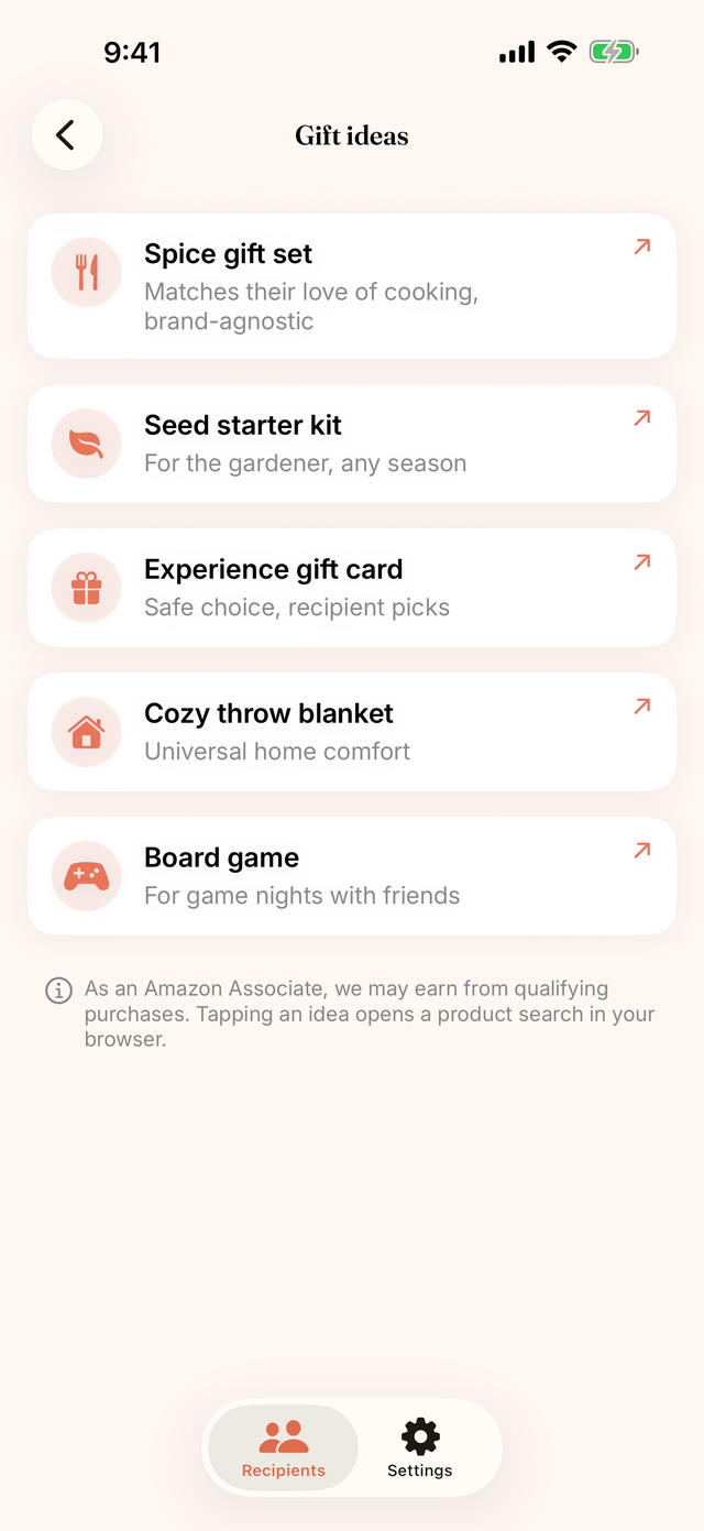 Gift ideas screen with thoughtful suggestions