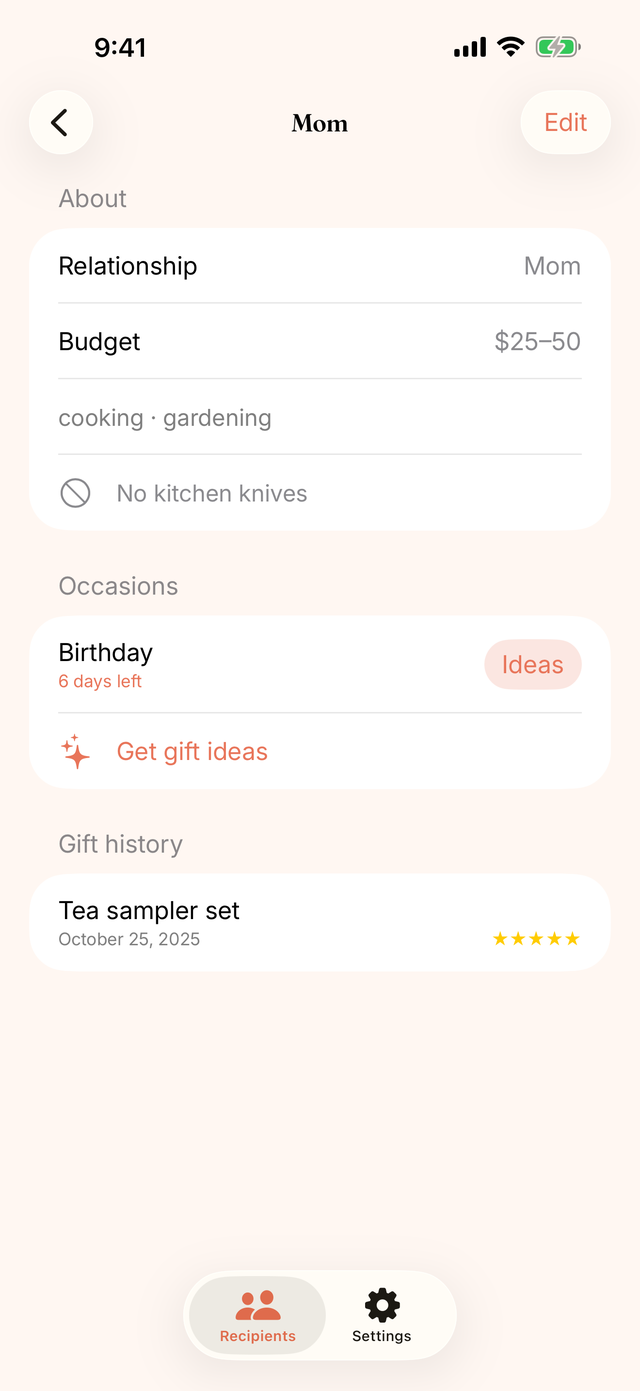 Recipient detail with occasions and interests