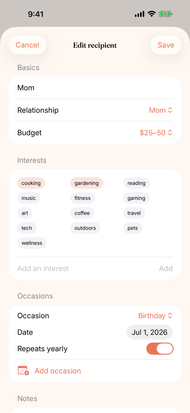 Editing a recipient: interests, budget, and dates