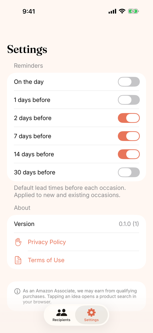 Settings: reminders and privacy